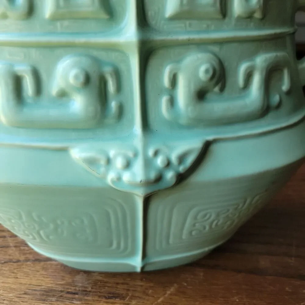 Vtg Studio Art Pottery Urn Vase Dragon Handled Mayan Motif Signed Meryl RARE MCM